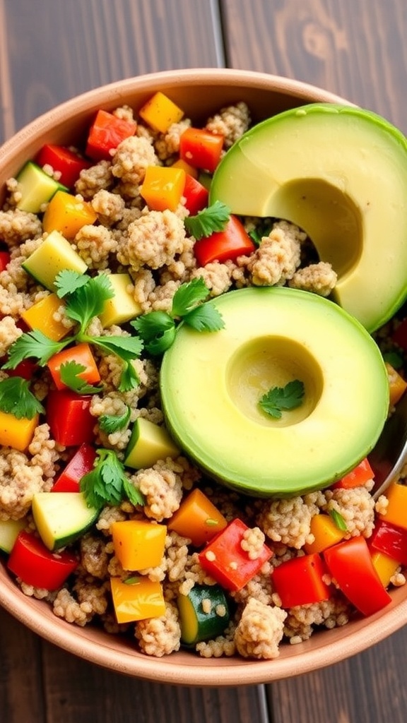 A nutritious quinoa bowl with ground turkey, bell peppers, zucchini, and avocado on a rustic table.
